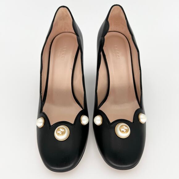 GUCCI Willow Loafer Pumps EU 37.5 US 7.5 Black GG Logo Pearl Scalloped Leather - Picture 3 of 15